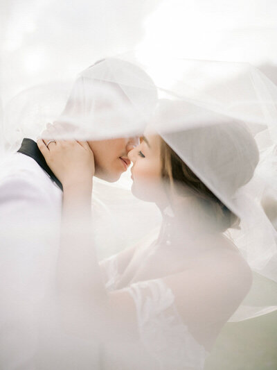 Dreamy photo of bride and groom under veil