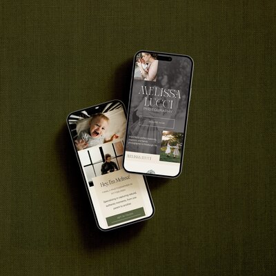 Two smartphones display a photography website designed by a skilled Showit Designer. The left phone shows a child laughing alongside text about the photographer, Melissa. The right phone features an outdoor scene with a woman and child and the text "Melissa Lucci Photography.