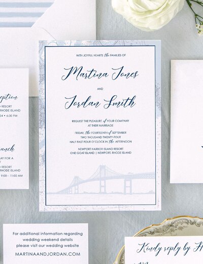 Semi custom wedding invitation with Newport, RI nautical theme