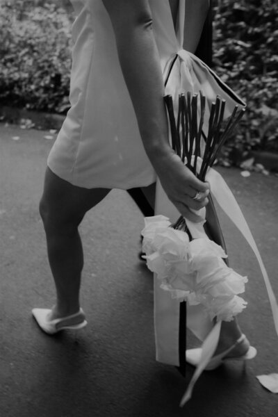 close up black and white photo of melbourne brides bouquet in Royal Botanic Gardens