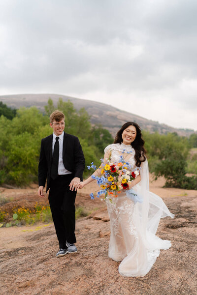couple in wedding chapel sharing a quiet moment