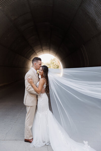 Bride and groom walk up memorial steps at their DC wedding