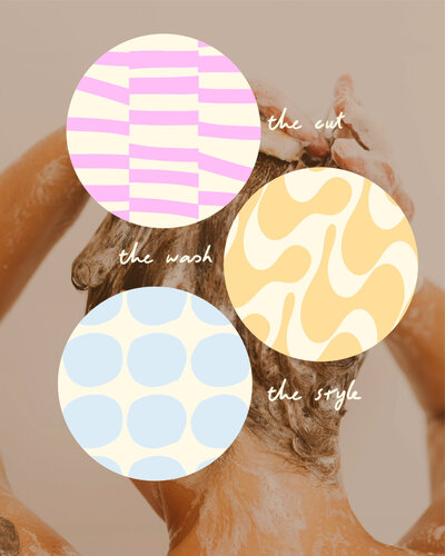 the back of a womans head in a shower washing her hair and layered on top are three patterns for asheville hair design