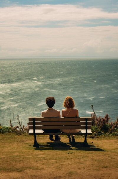 Florida couple sitting together on a bench overlooking the ocean, symbolizing calm, understanding, and renewed connection after online marriage counseling helped them stop fighting and start hearing each other again.