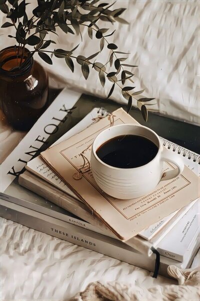 Flat lay with coffee, books, and a journal on a cozy desk — lifestyle image for The Veiled Method™ Bio Boss™ sales page.