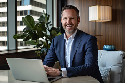 NYC professional headshot of confident businessman working with laptop in modern office