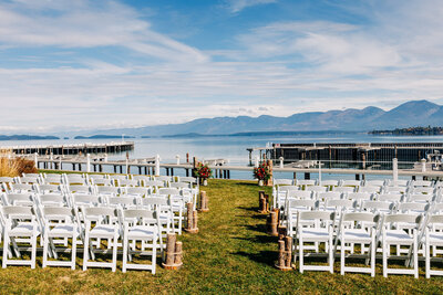 Outdoor wedding ceremony at Kwataqnuk Resort in Polson, MT