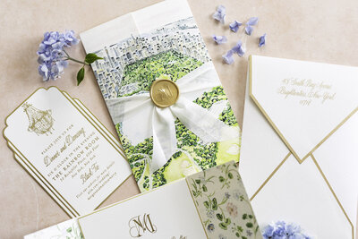 Light and airy wedding invitation suite with custom calligraphy