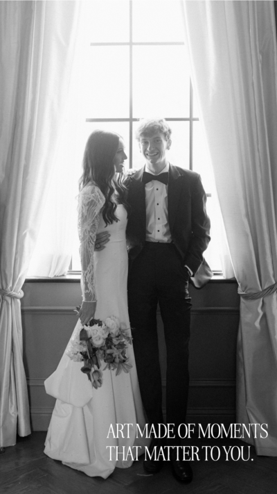 Black and white Bailee Starr photograph of bride and groom that says "art made of moments that matter to you"