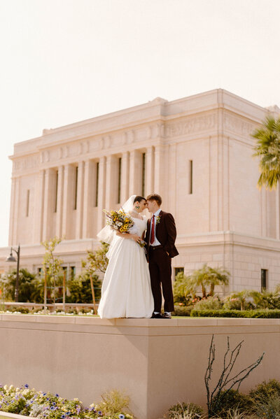 Bride and Groom standing close to each other at the LDS Mesa Temple