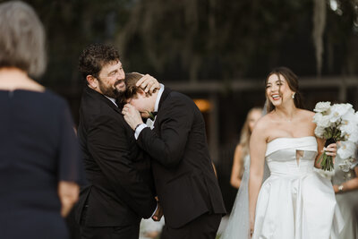 Groom Crying seeing bride Rip Van Winkle Gardens wedding