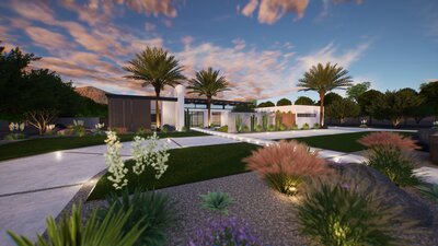 Scottsdale front yard with fire pit seating area.
