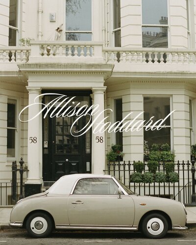 Logo for Allison Stoddard over a film photo of white london building and car