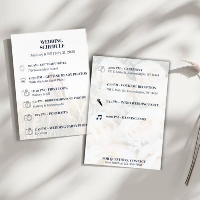 Customizable wedding pocket schedule template for wedding parties and families. Ensure everyone knows where to be on the big day with beautifully designed, easy-to-follow schedules. A must-have for wedding planners and couples