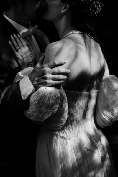 bride and groom in black and white