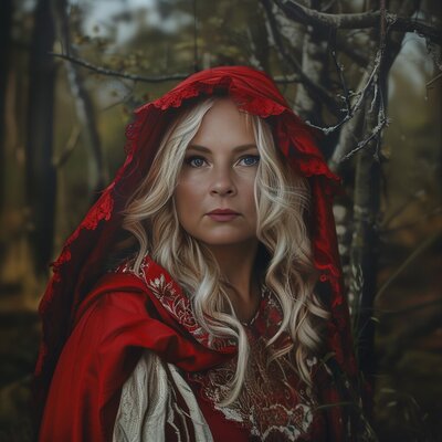 Life-like AI portrait of a woman in the forest dressed like a Little Red Riding Hood