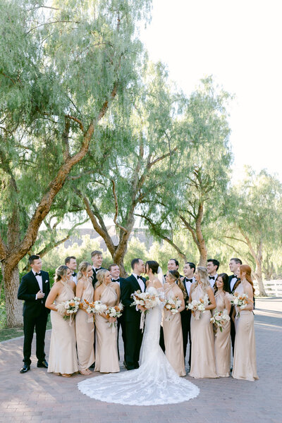 Bride and groom kiss while surrounded by their wedding parties