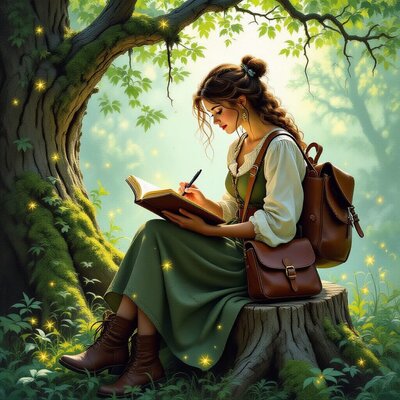 Woman wearing a dress sitting in a forrest writing