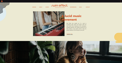 A website screenshot featuring a section about a music movement called "Swim Effect." The top image shows a person playing a keyboard. The bottom image shows a person looking out of a window, all presented with impeccable brand identity design services.