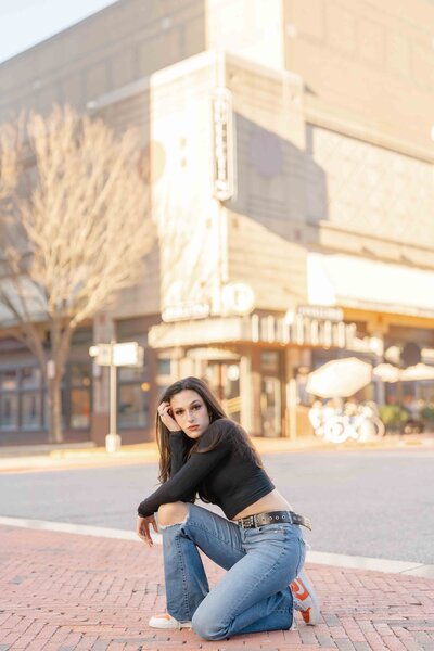 girl in the middle of street during Fairfax County, Virginia senior photo