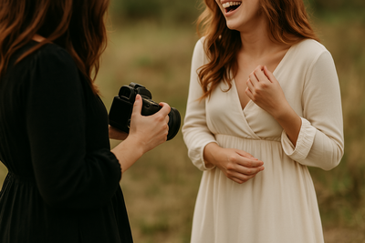 A candid mid-session moment showing a client adjusting their outfit while laughing, captured naturally without showing faces, in soft outdoor light.