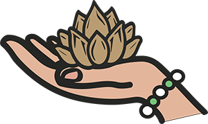 An icon of a hand holding a golden lotus with prayer beads on the wrist.