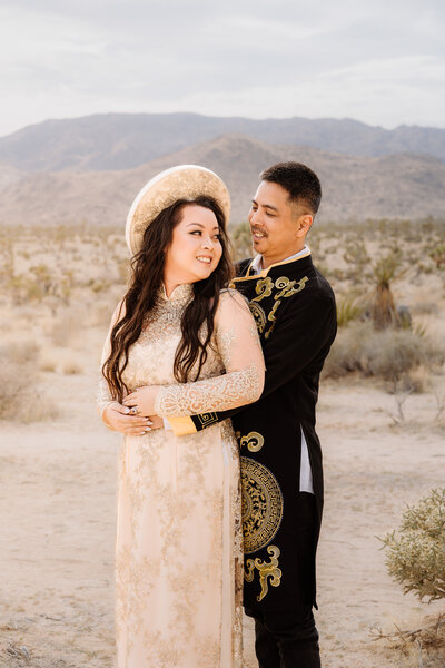 Joshua Tree Elopement with Vietnamese couple wearing Ao Dai at Hidden Valley.