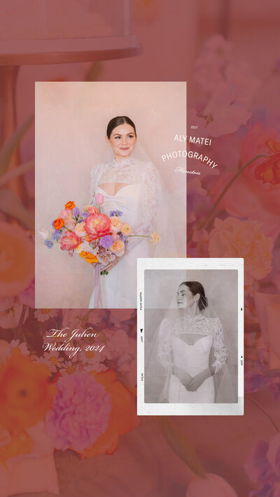 Graphic of Aly Matei bridal portraits and stamp logo on top of a photo of florals with a red overlay