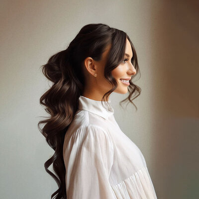 Romantic half-up, half-down hairstyle with loose waves, perfect for formal events or bridal styling.