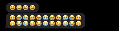 A screenshot of two text messages sent by a client to the photographer. The two messages are highlighted so as not to reveal personal information. The first text shows an emoji of a distraught face with tightly closed eyes four times. The second message shows the loudly crying face emoji 22 times, divided into two rows to show 11 each.