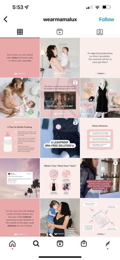 Mamalux, one of Love Social Media's clients, Instagram grid after working with Love Social Media