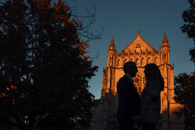 Princeton University | Couple silhouette at sunset by chapel | Mercer County, New Jersey
