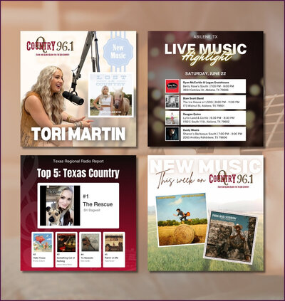 Social media graphic for Q-Country 96.1 radio station in Abilene, TX, promoting country music, live shows, and artist spotlights