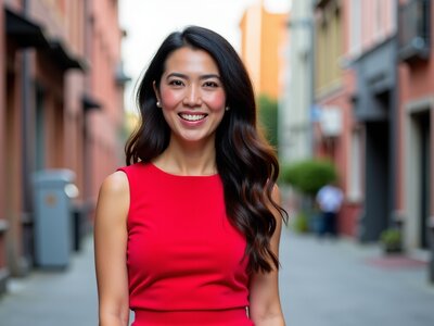 An asian teenager wearing a red dress stands in the street of the asian district in a headshot style portrait.
