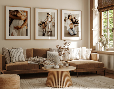 A cozy living room with a beige sofa, patterned cushions, and a wooden coffee table. Three framed photographs of a woman and child are on the wall. A window with blinds lets in natural light.