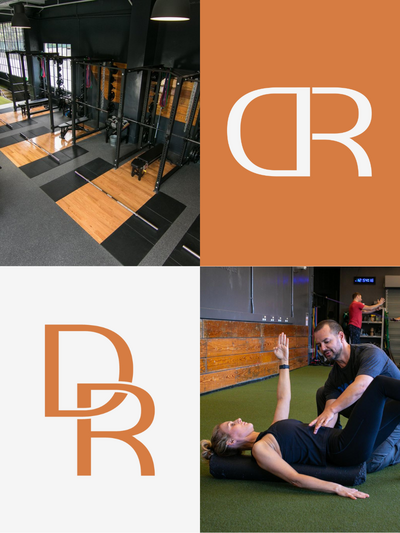 Mockup showing gym interior, foam roller exercise, and orange DR logo mark representing personal training and movement recovery.