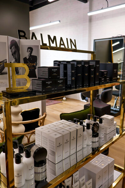 A curated display of luxury scalp and hair care products used during SoCo Head Spa’s signature facials in Bryan, TX.