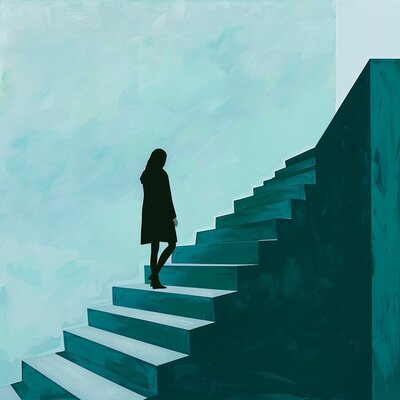 blue green symbolic woman silhouette climbing staircase