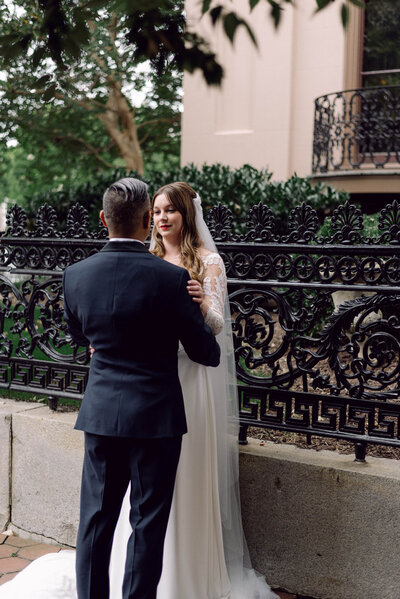 Emotional first look between the bride and groom at their Richmond, VA wedding.