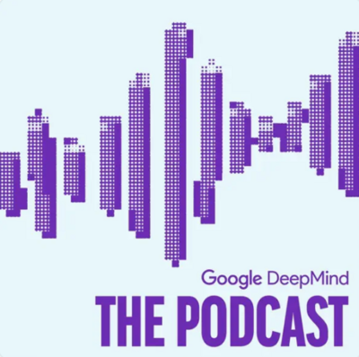 google deepmind the podcast thumbnail has a blue background and purple graphics of buildings