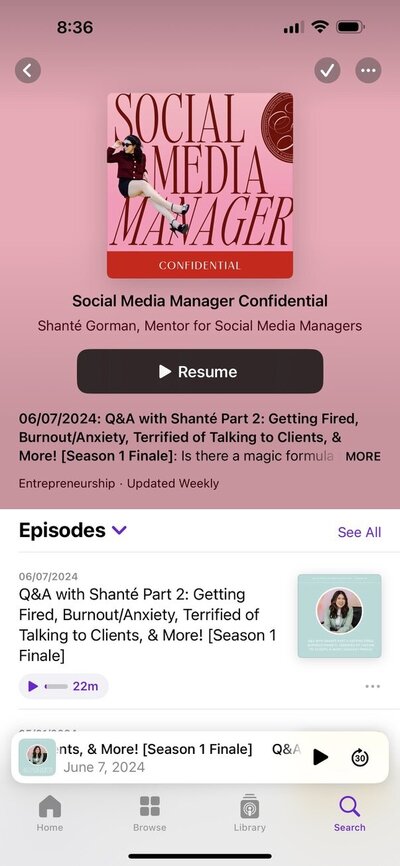 A screenshot of Sugarpunch Marketing's podcast hosted by founder Shante Gorman, Social Media Manager Confidential