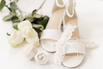 Close up of bride's shoes and wedding rings