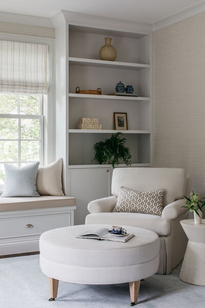 Beautiful sitting area and bookcase with old world charm by Kira David Design