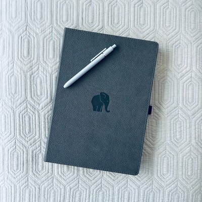 Image shows a grey notebook with an elephant logo on the front. There is a light blue pen placed on top. The notebook is placed on a textured light blue background