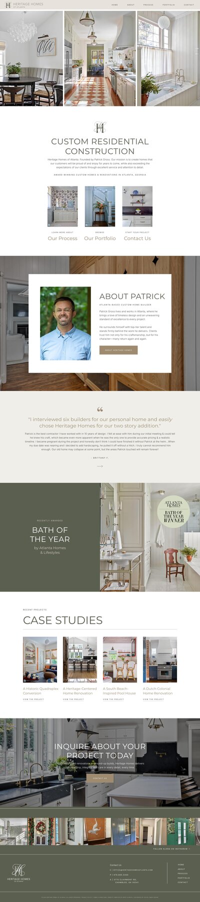 Showit template customization for Heritage Homes Atlanta, a custom residential construction company