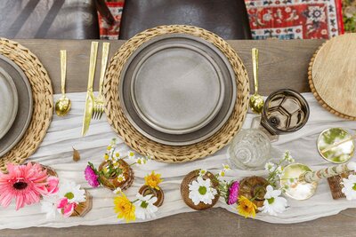 Aerial view of a wedding place setting