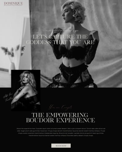 Dominique Showit website template for photographers with a luxurious, classy design—ideal for boudoir photography portfolios and attracting confident clients.