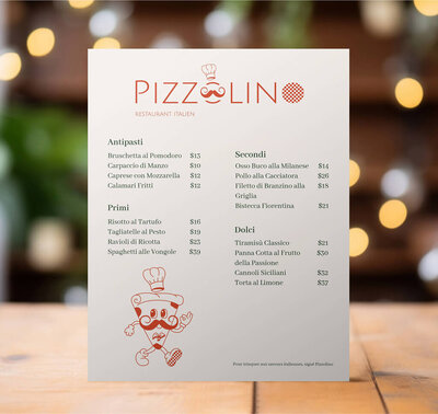 Maquette de présentation de l'identité visuelle de Pizzolino, qui représente une ambiance gourmande et traditionnelle. L'image représente le menu du restaurant aux couleurs de son branding.