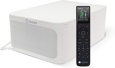 BedJet3 climate comfort system with remote control, designed for temperature regulation and relief from night sweats.