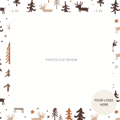 Whimsical woodland square layout with reindeer, trees, and pinecones along the border.